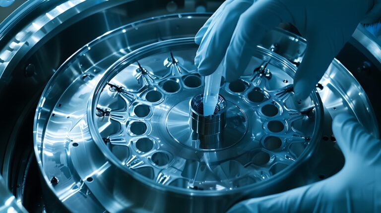 Close-up of a scientist's gloved hands working with a high-tech laboratory centrifuge in a research facility. Science and technology concept.